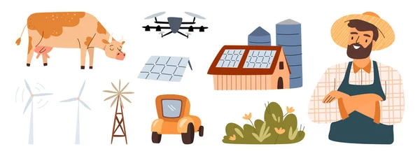 Akıllı Çiftlik Modern Tarım Teknolojisi Ikonları Kırsal Hayvanları Güneş Panellerini — Stok Vektör