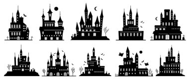 Cadılar Bayramı siluet evleri, yarasa, ay ve hayalet, mezarlık haçları, mezarlık ve ağaçlar. Ölü vektör illüstrasyonu günü. Mezarlıktaki ürkütücü binalar