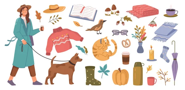 温暖的秋天衣服和饰物 卡通平面矢量图集 女人带着狗 毛衣和帽子 猫和黄色南瓜散步 打开的书 一杯咖啡和伞图标 — 图库矢量图片