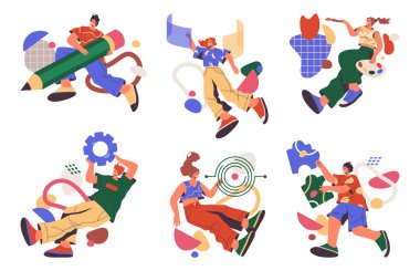 Soyut sanatçılar ve içerik yaratıcıları, düz çizgi film vektör çizimi seti. Yazar veya gazeteci, proje yöneticisi kontrol süreci, çizim ve iş ve işle ilgili sorunları çözme