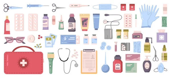 Kit de primeiros socorros dos desenhos animados, ferramentas médicas e  medicamentos de farmácia caixa de emergência médica com analgésicos de  bandagem e conjunto de ilustração vetorial de termômetro primeiros itens de  ajuda