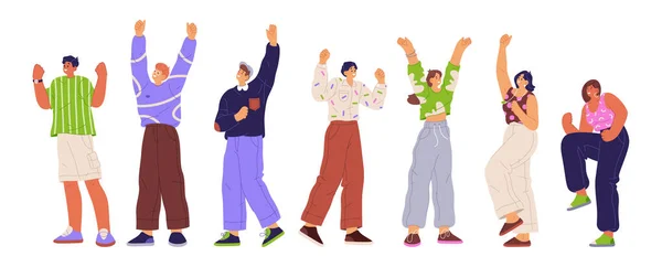 Men Women Cheering Celebrating Victory Flat Cartoon Vector Illustration Set — Stock Vector