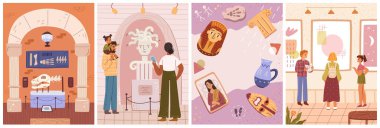 Müze odası içinde sergi ve ziyaretçiler için düz çizgi film seti. Galeri sergisi, müzedeki insanlar. Modern sanat sergisi. Antik Mısır anıtları, mitolojik tanrılar ve modern sanat rehberi