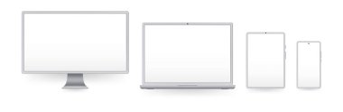 Modern cihazlar modelleme, premium bilgisayar monitörü, laptop ekranı ve akıllı telefon cihazları ayarlandı. Not defteri ve tablet ve cep telefonu gerçekçi vektör çizimi