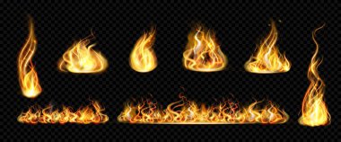 Yanan ateş, şenlik ateşi veya kamp ateşi, gerçekçi illüstrasyon koleksiyonu. İzole yanma, alevler ve yanan ışıklar. Alevlenme ve yanma, güçlü doğa enerjisi ve sıcaklık veya ısı