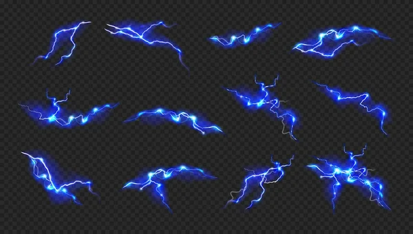 Blitze Und Donner Mit Elektrischer Entladung Realistische Illustrationssammlung Vereinzelte Blaue — Stockvektor