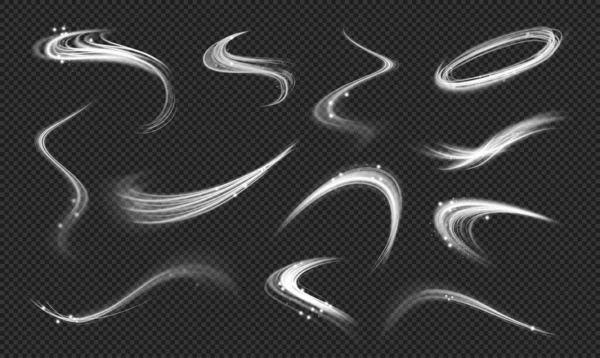 Завихри Светящиеся Эффекты Пылью Реалистичная Коллекция Иллюстраций Изолированные Кривые Волны — стоковый вектор