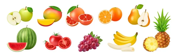 夏のリアルなフルーツ3Dベクターイラストセット アップルとマンゴー グレープフルーツ オレンジ 梨とスイカ トマトとブドウ バナナとパイナップル全体をカットし 健康的なベジタリアン料理をカット — ストックベクタ