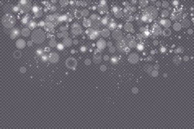 Bokeh ışıkları gri arkaplanda izole edilmiş. Vektör bulanık şekiller, soyut ışıltı efekti, şenlik tasarım illüstrasyonu. Lüks duvar kağıdı şablonu, parlak parıltılar ve yıldızlar örtüyor