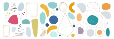 Sıvı fırçalar ve lekeler, sıvı şekiller, lekeler ve parlak noktalı geometrik çerçeveler. Kaligrafik vuruşlar ve sıçramalar. Vektör kümesi, düz illüstrasyon