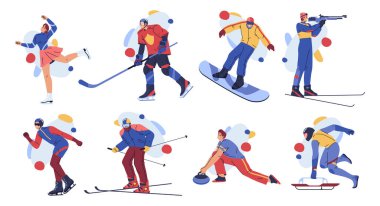 Sporcular snowboardcular alp kayakçıları ve kros kayakçıları kız çizgi film karakterleri. Kış sporlarında vektör insanlar, serbest stil kayak, kayak, bobsled, kayakla atlama, kıvrım ve artistik patinaj.
