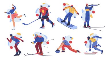 Sportsmen snowboarders alpine skiers and cross-country skiers boys girls cartoon characters. Vector people in winter sport, freestyle skiing, sliding, bobsled, ski jumping, curling and figure skating clipart