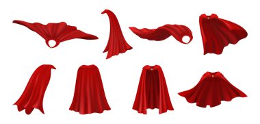 Pelerinli omuzlar, izole giysiler gerçekçi tasarım. Kostüm ya da takım elbise. Kırmızı manto, pelerin ya da pelerin parçası. Vektör süper kahraman kostümü, saten kurtarma önlüğü.