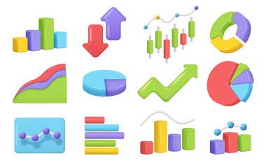 Grafikler ve diyagram simgesi seti. Renkli turta ve şamdan çizelgesi. Planlama ve istatistik. İzole edilmiş 3d simgeleri, finansal istatistik veri analizi, görselleştirme ve yatırım grafikleri için nesneler