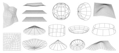 Izgara ağ nesnesi, siber neo fütüristik 3D nesneler ve şekiller. Soyut ağ yapısı bozulması, akan yüzey. Tel çerçeve dalgalı geometrik perspektif düzlemi. Siberpunk çizgi elemanları vektörü belirlendi