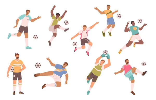 Cartoon Piłki Nożnej Piłkarze Płaski Wektor Ilustracji Sportowiec Piłką Ludzie — Wektor stockowy