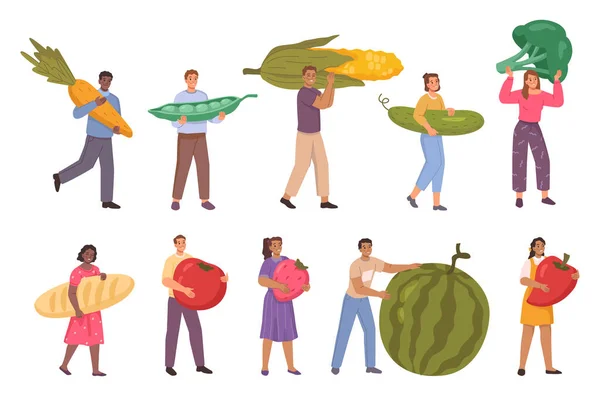 Malí Lidé Různými Obrovskými Potravinami Charakteristika Ovoce Zeleniny Mrkev Hrách — Stockový vektor