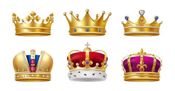 Zestaw Korony Realistycznym Wzorze Złoty Symbol Królewskiej Biżuterii Króla Królowej — Wektor stockowy