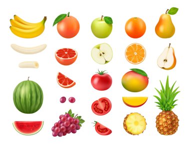 Elma ve mango, greyfurt ve portakal, armut ve karpuz yaz gerçekçi meyveler. Domates ve üzüm, muz ve ananas bir bütün ve sağlıklı vejetaryen yemekleri kesme, 3 boyutlu vektör illüstrasyon seti