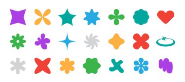 Y2K ilham verici vektör seti 3 boyutlu soyut şekiller moda tasarım arkaplanı veya poster oluşturmak için mükemmeldir. Renkli yıldızlar parıldıyor, kalp ve çiçek. Moda aydınlığı vektör illüstrasyonunu oluşturur