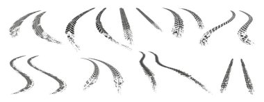 Eğri gerçekçi lastik izleri, araba lastik izleri. Gerçekçi grunge tekerlek izleri, otobüs ya da traktör lastik izleri yolda, düz set. Vektör dekoratif tasarım ögesi, araba lastik izleri geri doku