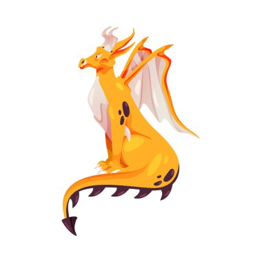 Keskin kuyruklu ejderha, peri masalı antik hayvan, tarih öncesi Çin yaratığı, sarı yaşlı dinozor sürüngeni. Kanatları olan Koreli efsanevi ejderhanın vektör çizimi, fantezi vahşi kertenkele