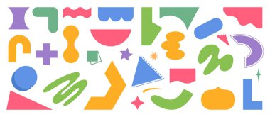 Memphis doku şekilleri, vahşi geometrik şekiller. Vektör dalgaları ve daire, ilkel temel formlar. Minimalist geometrik elementler, soyut Bauhaus formları. Bauhaus tasarımı. İsviçre tasarım estetiği