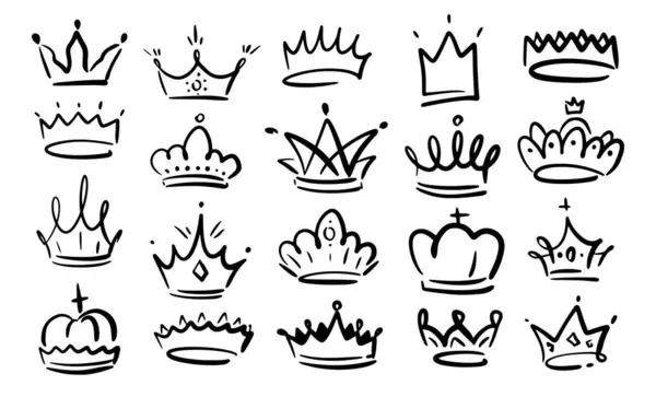 Doodle Krönt Lineare Symbole Gesetzt Linienkunst König Oder Königin Krone — Stockvektor