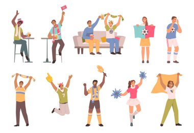 Sportif özellikleri olan ponpon kızlar, futbol topları olan mutlu erkek ve kadın ve ayı. Amigo kız özellikleri, şampiyonluk ve turnuva fanatikleri, spor takımları destekçileri