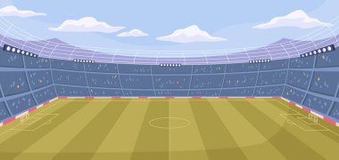Büyük futbol ya da büyük yeşil sahası olan futbol stadyumu, düz çizgi film tarzında ışıklı boş spor tribünlerinin vektör çizimi. Turnuva ya da şampiyonluk stadyumu, boş arena