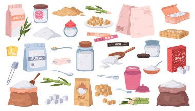 Şeker paketleri hazır. Granulasyon, toz, küp, farklı paketlerde tatlı sukroz. Şeker, bambu ve sakaroz kesesi için kaşık ve şişe çizimleri.