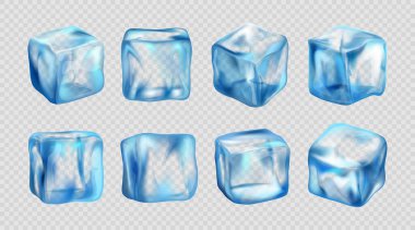 Buz kalıpları, restoranda kokteyl ya da içecek için ilave. Şeffaf arka planda izole edilmiş gerçekçi donmuş su. Serinletici içecekler için kristal buzulu veya sıvı