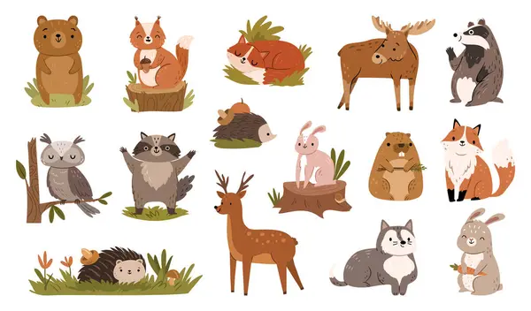 Leśne Zwierzęta Kreskówki Zestaw Ikon Ilustracja Wektorowa Drogiego Lisa Szopa — Wektor stockowy