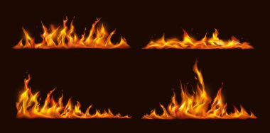 Ateş dili ve ateş kuyruğunda. Vektör gerçekçi patlamalar ve alevler, izole olmuş alevler ve yanan kıvılcımlar. Ateşleme ya da yanma etkisi, şenlik ateşi ya da felaket flaşları ve patlama