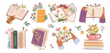 Çiçek açan bitkilerle dolu kitapları tutan eller. Vektör, buketli, yapraklı, dallı ve botanik süslemeli ders kitaplarını izole etti. Not defteri ve flora dekoru olan klasik romantik kompozisyon
