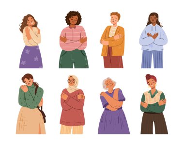 Farklı yaşlardaki kadın karakterler ve kendilerini sevgiyle ifade eden dinler. Vektör eşitlik hareketi, güven ve çeşitliliği kucaklıyor, güçlendirme ve feminizm mesajı için ilham veriyor