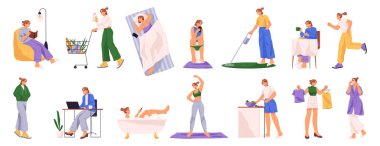 Günlük rutin kadın işleri, sabah akşam işleri ve ayinler. Vektör düz çizgi film karakteri okuma ve alışveriş, dizüstü bilgisayarda çalışmak ve yürümek. Koşmak, yemek yapmak, banyo yapmak, evi temizlemek.