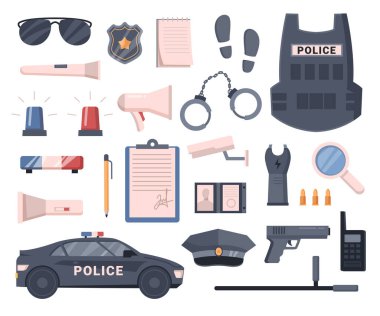 Polis ekipmanları, izole edilmiş polis eşyaları. Kurşun geçirmez yelek, partnerle bağlantı kurmak için telsiz. Rozet ve kelepçeler, siren ve megafon hoparlörü, silah ve araba.