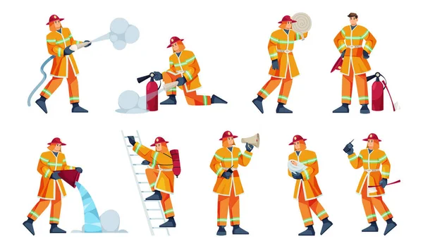 Tapfere Feuerwehrleute Löschen Das Feuer Vereinzelte Männer Mit Schutzhelmen Und — Stockvektor