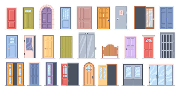 Houses or buildings front doors of wood, steel and glass. Vector office and elevator, bars and metro doors, saloon western exterior entrance. Doorway architecture with windows and carving
