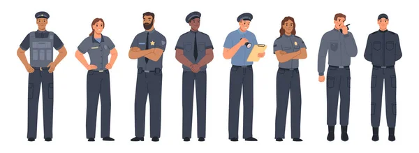 警察和妇女 孤立的警察和治安官 警察和交通检查员 病媒扁平卡通人物 身穿带有徽章 职业和工作的制服的执法人员 — 图库矢量图片