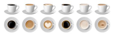 Amerikano ve kalp şeklinde köpüklü latte. Seramik fincanlarda kahve fincanlarının sapları ve tabakları ile izole edilmiş. Kafe ya da restoran servisi, sütlü aromatik içeceğin üst ve yan görüntüsü