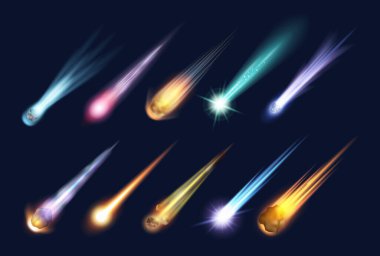 Uçan alev topu ya da yanan neon ışıklı meteor. Alev kuyruklu gerçekçi bir kuyrukluyıldız olan vektör izole edildi. Astronomik kozmik gök cismi hızlı hareket ediyor. Gökyüzüne düşen asteroit etkisi, yanan kaya