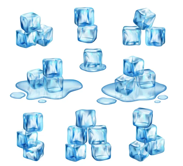 Melting Frozen Ice Cubes Water Drops Puddles Vector Isolated Realistic — Stock Vector