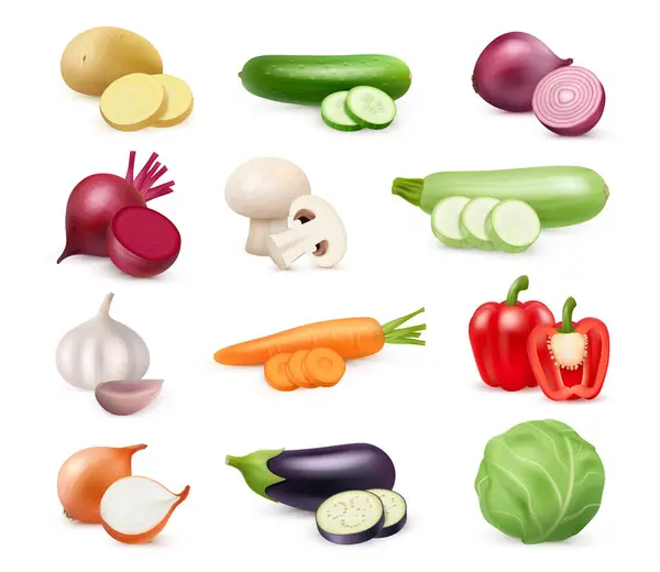 Verduras Cortadas Para Cocinar Ingredientes Realistas Aislados Para Preparación Platos — Vector de stock