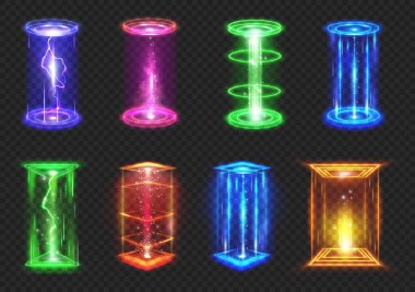 Kare ve yuvarlak holografik kapı parlıyor. Vektör, seyahat ve ışınlanma için neon oyun portallarını izole etti. Parıltılı ve aydınlatma efektli platformlar, siber uzay ve VR