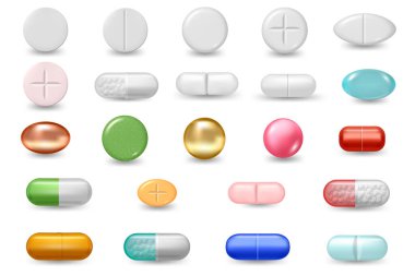 Haplar, haplar ve ilaç hapları, ilaç dolu kapsüller. Vektör, sağlık ve refah için tıbbi tedaviyi izole etti, hastalar için de. İnsan sağlığı için vitamin ve mineraller
