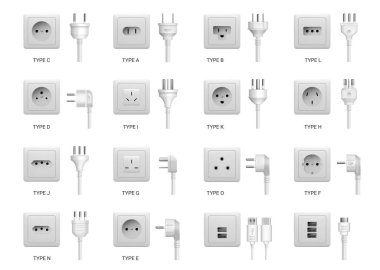 Farklı tipte prizleri olan elektrik prizleri. Vektör tip C ve A, B ve L, aygıtlar şarj ve cihazlar için usb standart portları, elektronik teçhizat bağlantıları