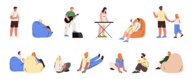 Karakterler açık hava festivalinde eğleniyor ve dinleniyorlar. Sahnede enstrümanları olan vektör kişilikler, ziyaretçiler ve müzisyenler. Sandalyedeki adam, yerde oturan çift, erkek ve çocuklar el ele tutuşuyor.