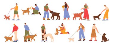 Sahipleri evcil hayvanlarla oynuyor, insanlar köpekleri gezdiriyor. Vektör izole edilmiş düz çizgi film karakterleri, tasmalı köpekle gezen erkekler ve kadınlar, patilerini uzatmak ya da oyuncak fırlatmak istiyorlar, hafta sonları boş vakitleri